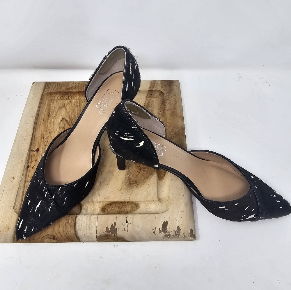 Franco Sarto. Black and white haircalf, pointy toe, 2 inch heel. 7.5, 37.5